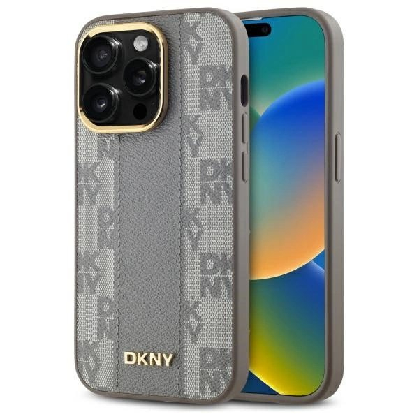 iPhone 14 Pro – DKNY Leather Checkered Mono Pattern MagSafe dėklas - Smėlinis