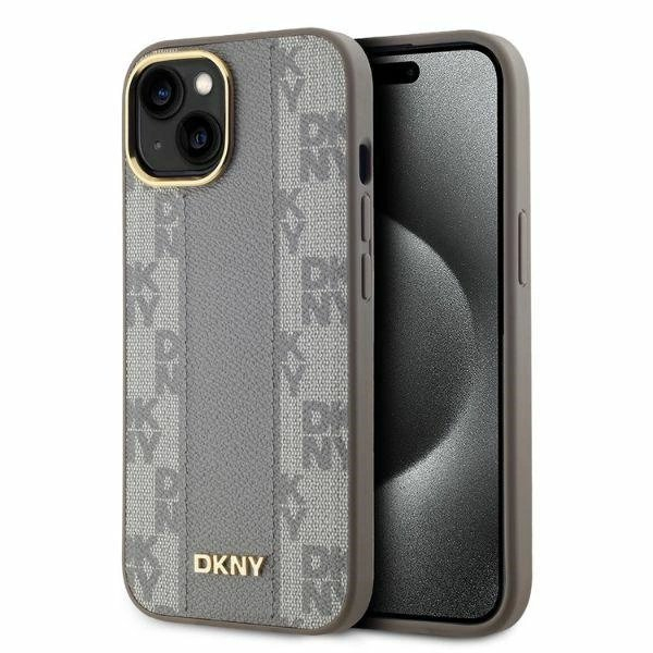 Dėklas DKNY Leather Checkered Mono Pattern MagSafe iPhone 15  - Smėlinis Dėklas DKNY Leather Checkered Mono Pattern MagSafe iPhone 15  - Smėlinis