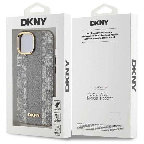 iPhone 15 Plus – DKNY Leather Checkered Mono Pattern MagSafe dėklas - Smėlinis 7