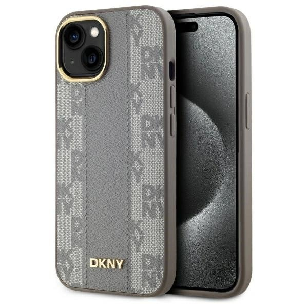 iPhone 15 Plus – DKNY Leather Checkered Mono Pattern MagSafe dėklas - Smėlinis