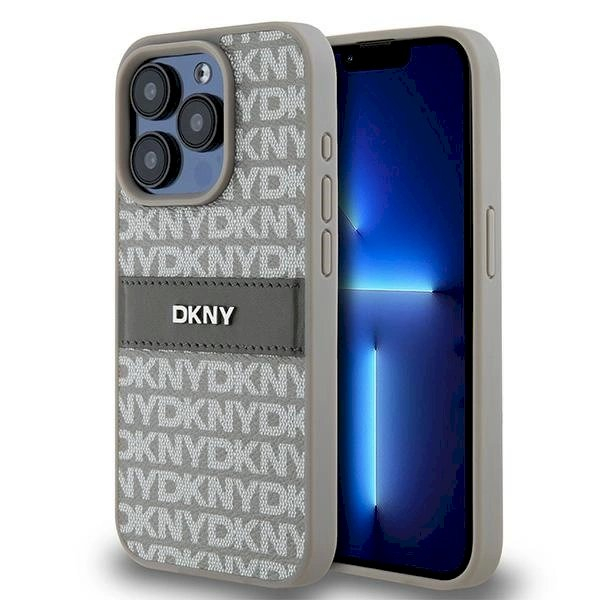 Dėklas DKNY Leather Mono StripeMetal LogoiPhone 15 Pro - Smėlinis Dėklas DKNY Leather Mono StripeMetal LogoiPhone 15 Pro - Smėlinis