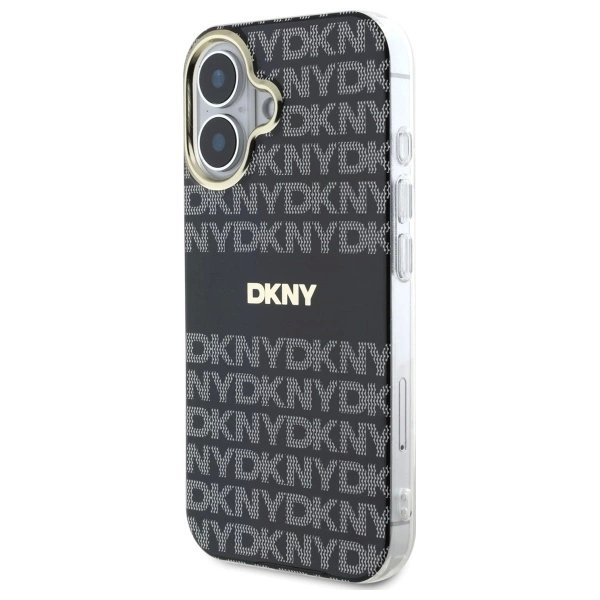 iPhone 16 DKNY Repeat Texture Pattern With Stripe dėklas - juodas 1 iPhone 16 DKNY Repeat Texture Pattern With Stripe dėklas - juodas 1