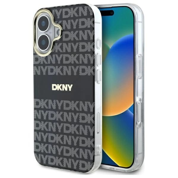 iPhone 16 DKNY Repeat Texture Pattern With Stripe dėklas - juodas iPhone 16 DKNY Repeat Texture Pattern With Stripe dėklas - juodas