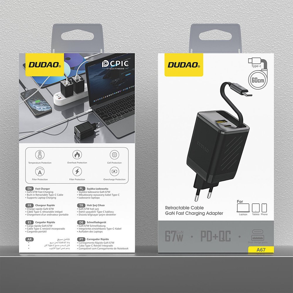 Sieninis įkroviklis Dudao A67EU GaN 67 W su integruotu ištraukiamu USB-C PD greito įkrovimo kabeliu – juodas 8