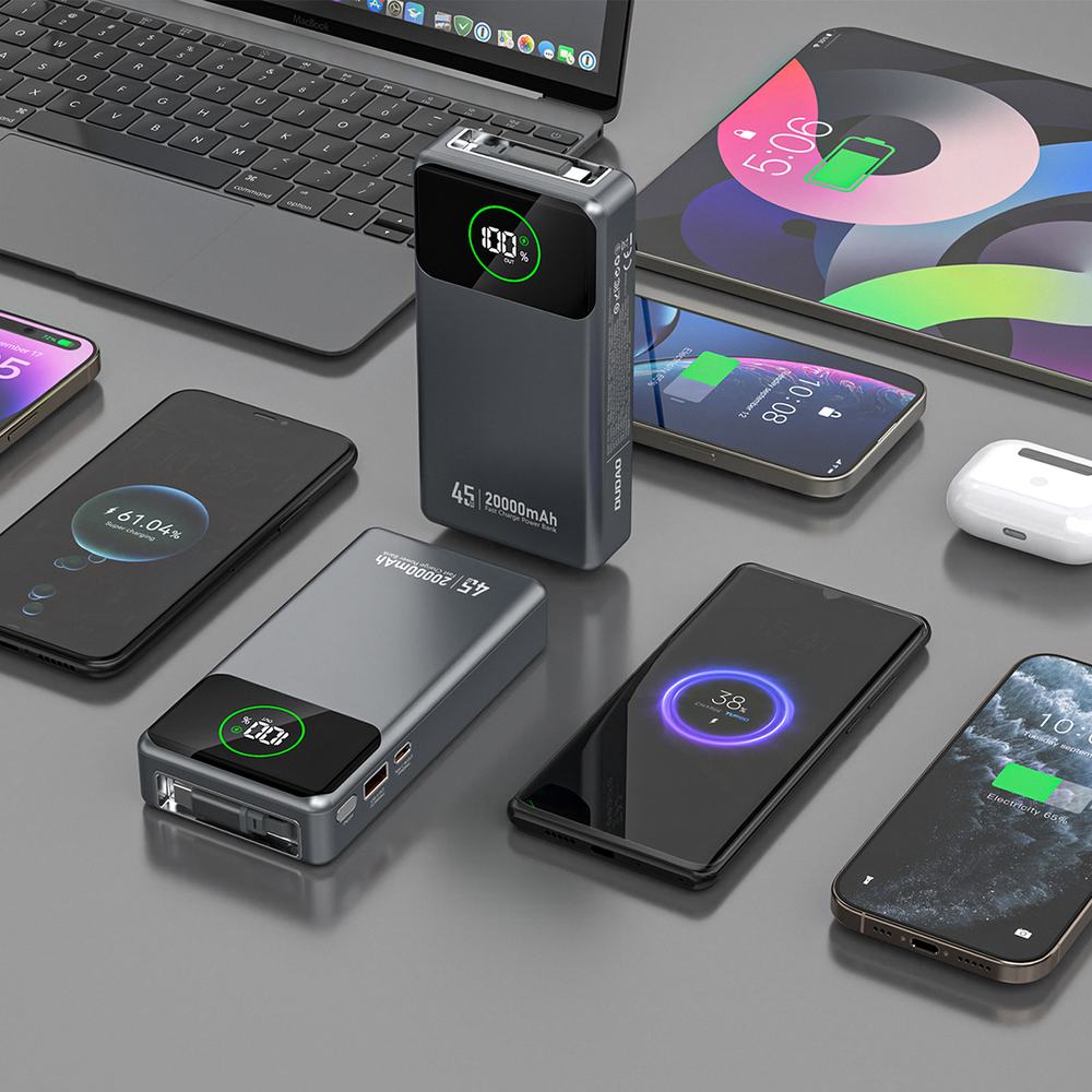 Išorinė baterija Dudao K31 Pro 20000 mAh 45 W su integruotu ištraukiamu USB-C kabeliu – pilka 7