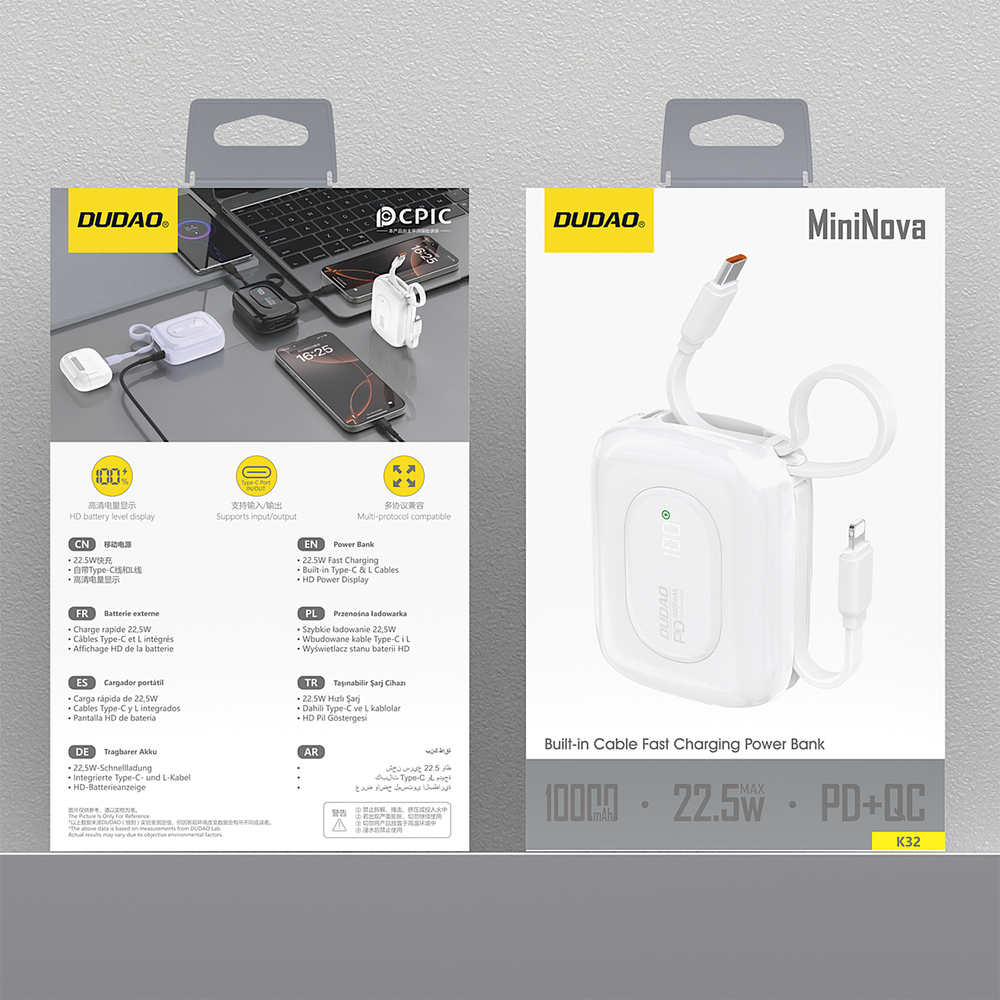 Išorinė baterija Dudao K32 10000 mAh 22.5 W su integruotu USB-C / Lightning kabeliu – balta 4