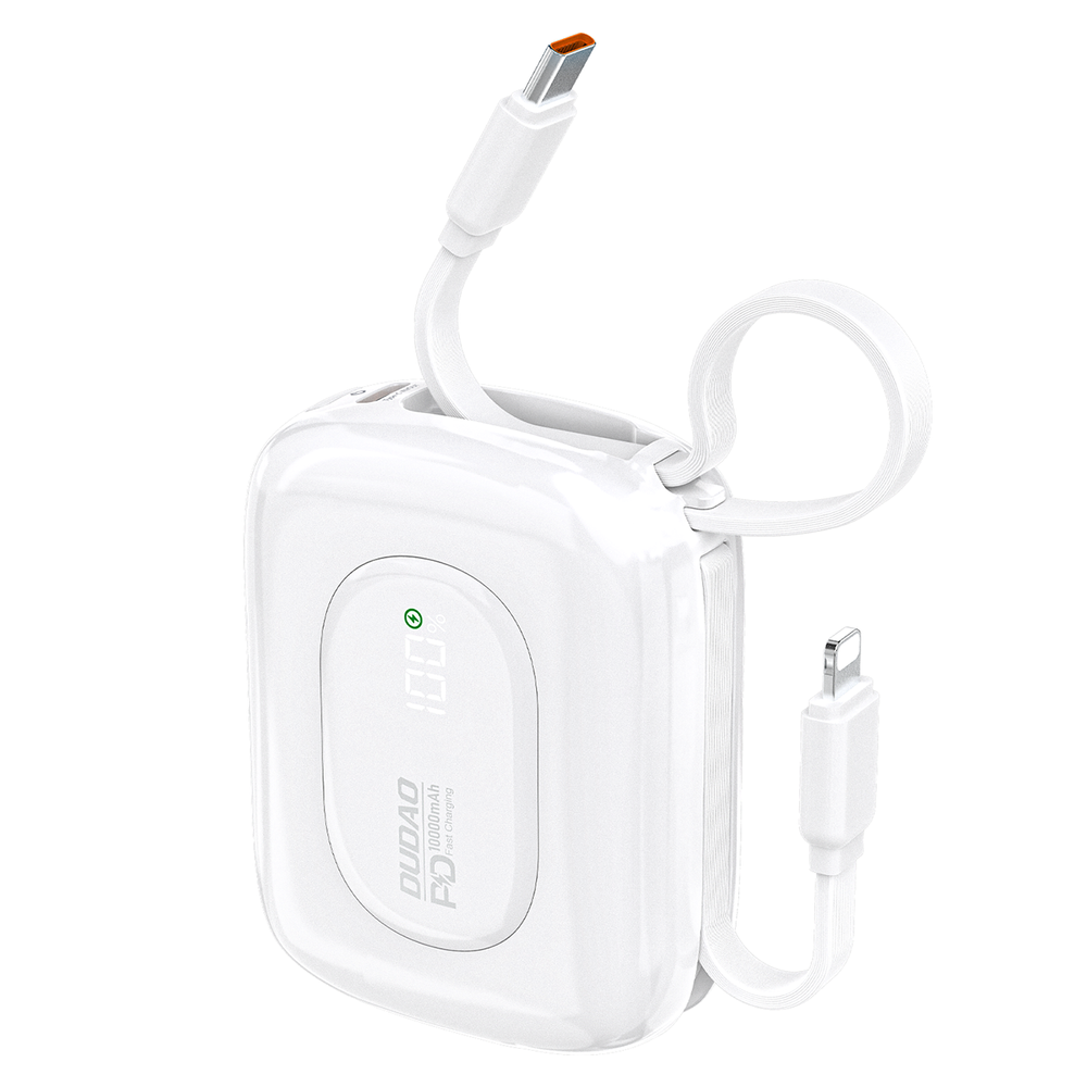 Išorinė baterija Dudao K32 10000 mAh 22.5 W su integruotu USB-C / Lightning kabeliu – balta