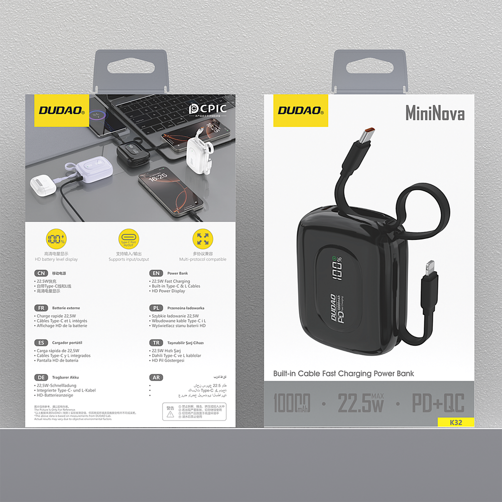 Išorinė baterija Dudao K32 10000 mAh 22.5 W su integruotu USB-C / Lightning kabeliu – juoda 6