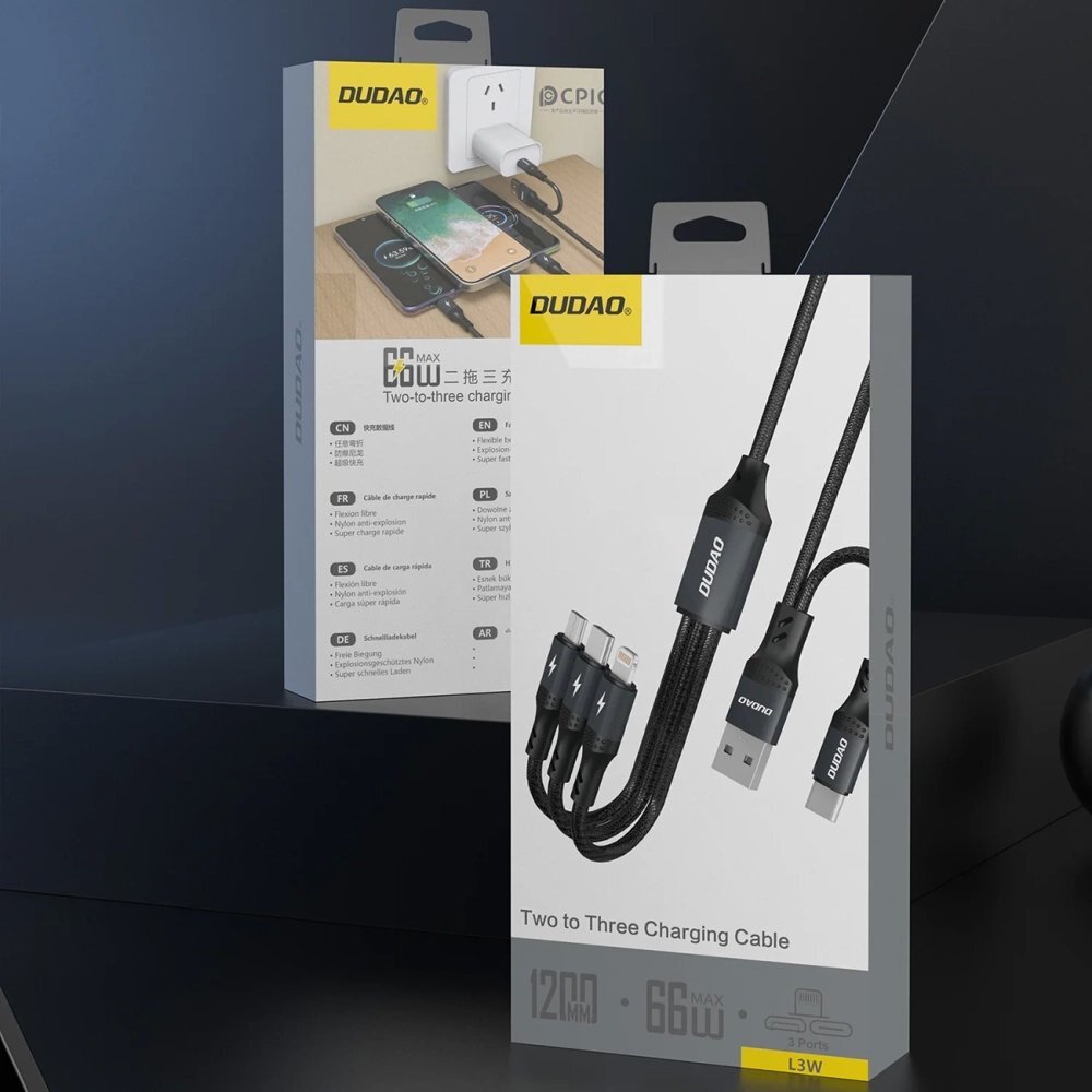 Krovimo kabelis Dudao L3W USB-A / USB-C į Lightning / USB-C / MicroUSB 66 W – juodas 3 Krovimo kabelis Dudao L3W USB-A / USB-C į Lightning / USB-C / MicroUSB 66 W – juodas 3