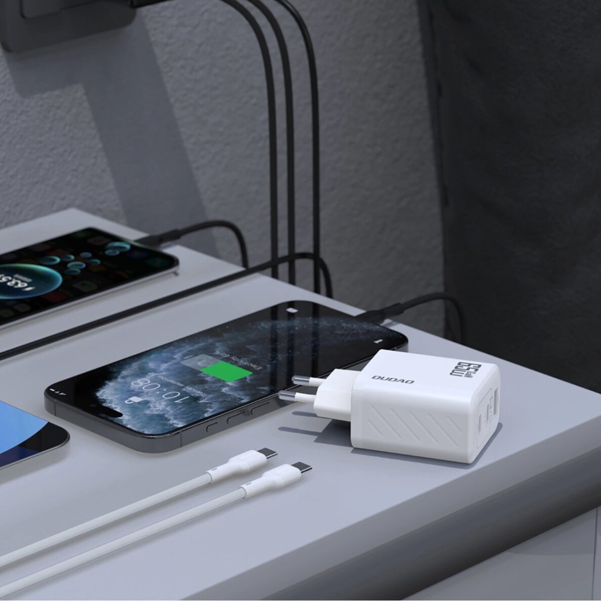 Sieninis įkroviklis Dudao A29C 65 W GaN su USB-C kabeliu – baltas 2 Sieninis įkroviklis Dudao A29C 65 W GaN su USB-C kabeliu – baltas 2