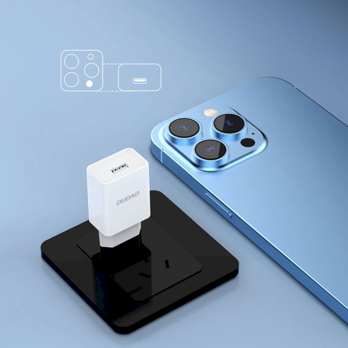 Dudao A4EU USB-A 2.1A sieninis įkroviklis – baltas + USB-A – USB-C kabelis 5