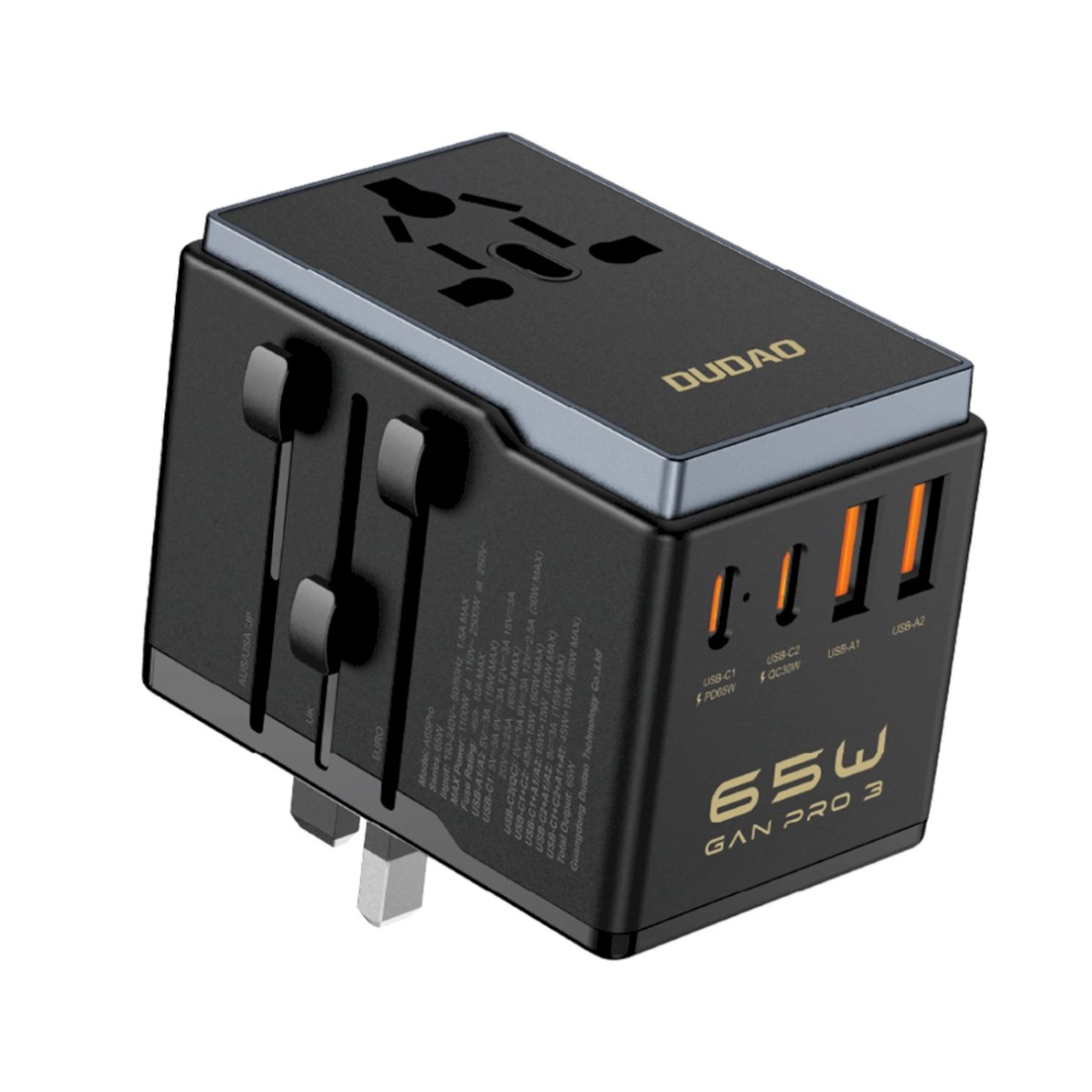 Dudao A65Pro 65W EU / US / JP / AUS / UK travel adapter 2x USB-C 2x USB-A - Juodas Dudao A65Pro 65W EU / US / JP / AUS / UK travel adapter 2x USB-C 2x USB-A - Juodas