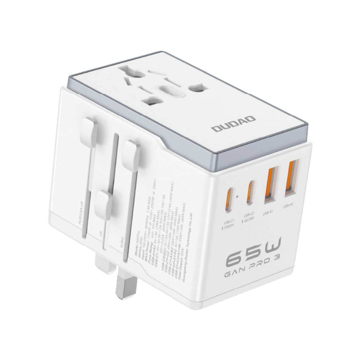 Dudao A65Pro 65W EU / US / JP / AUS / UK travel adapter 2x USB-C 2x USB-A - baltas Dudao A65Pro 65W EU / US / JP / AUS / UK travel adapter 2x USB-C 2x USB-A - baltas