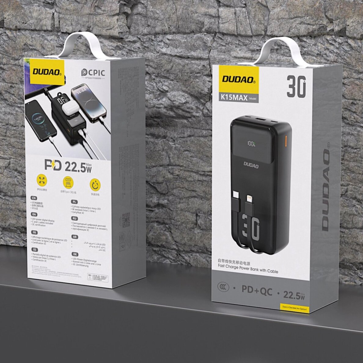 Išorinė baterija Dudao K15MAX 30000 mAh PD 22.5 W su integruotais kabeliais – juoda 1 Išorinė baterija Dudao K15MAX 30000 mAh PD 22.5 W su integruotais kabeliais – juoda 1