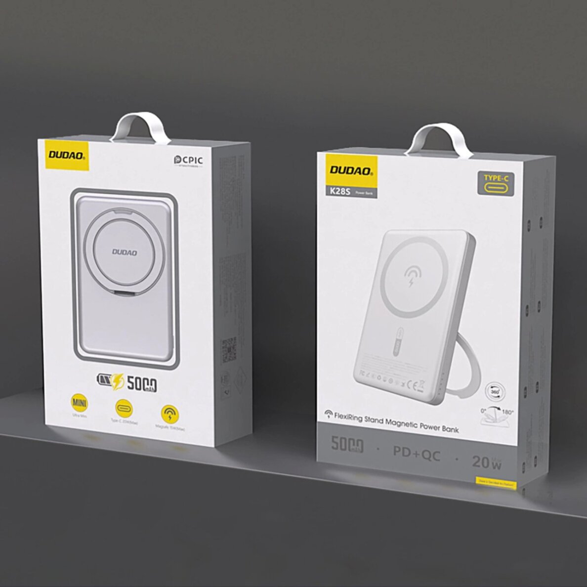 Išorinė baterija Dudao K28 10000 mAh PD 22.5 W MagSafe su metaliniu korpusu ir žiedo stovu – sidabrinė 1