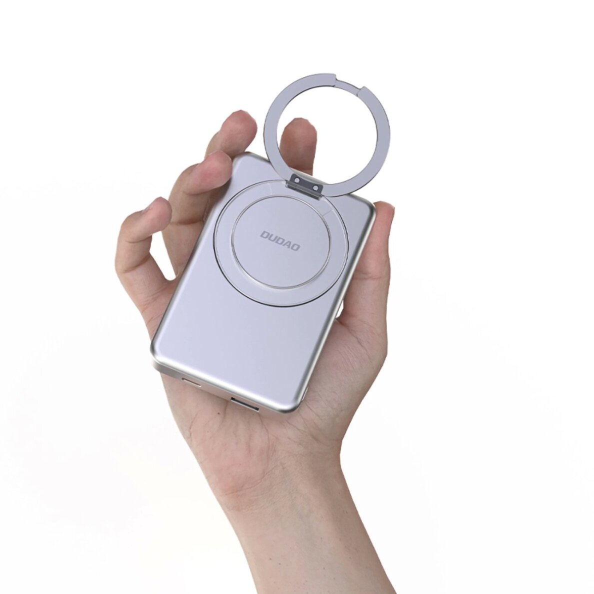 Išorinė baterija Dudao K28 10000 mAh PD 22.5 W MagSafe su metaliniu korpusu ir žiedo stovu – sidabrinė 6