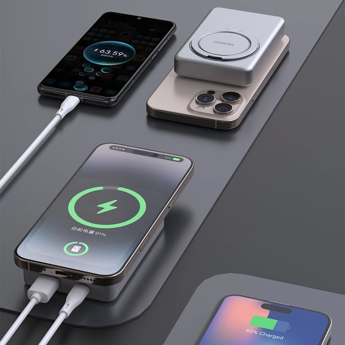 Išorinė baterija Dudao K28 10000 mAh PD 22.5 W MagSafe su metaliniu korpusu ir žiedo stovu – sidabrinė 9