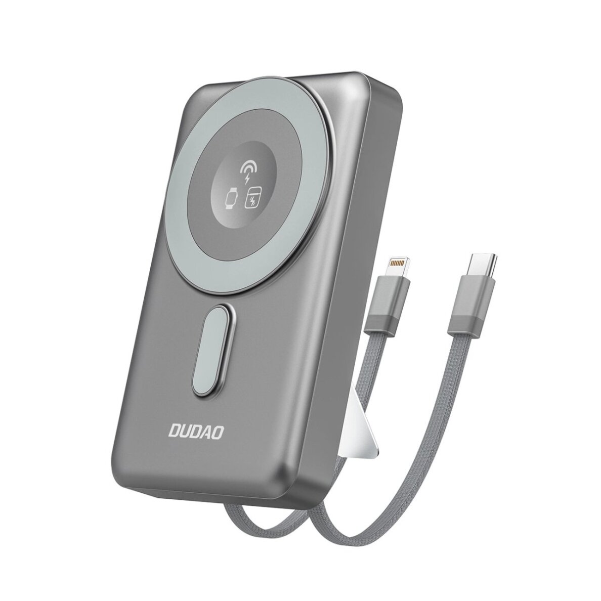 Išorinė baterija Dudao K29 10000 mAh PD 20 W MagSafe su metaliniu korpusu, stovu ir integruotais USB-C / Lightning kabeliais – pilka