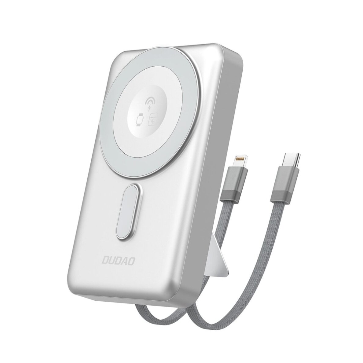 Išorinė baterija Dudao K29 10000 mAh PD 20 W MagSafe su metaliniu korpusu, stovu ir integruotais USB-C / Lightning kabeliais – sidabrinė