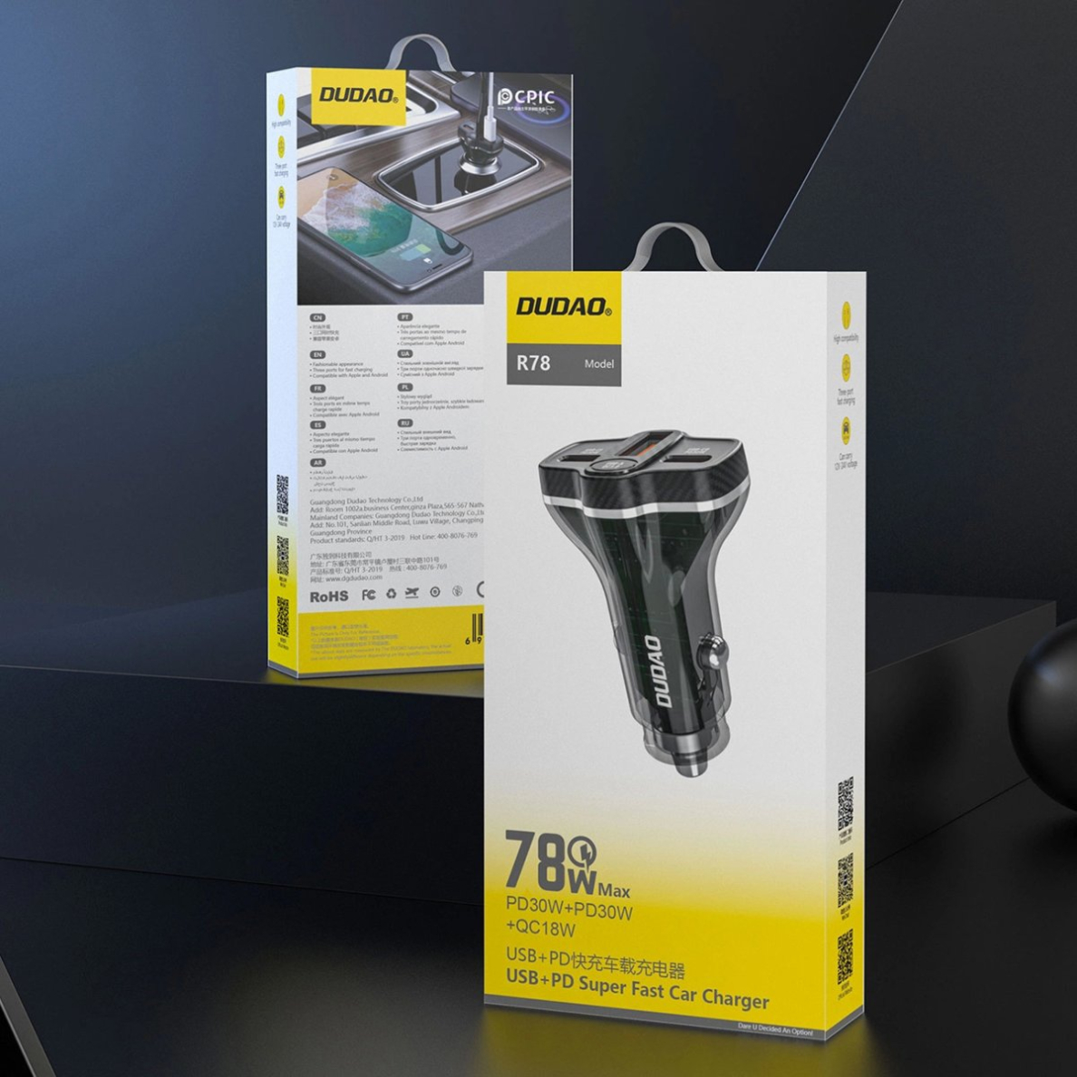 Dudao R78 78W automobilinis įkroviklis USB-C PD / 2x USB-A QC – juodas 2 Dudao R78 78W automobilinis įkroviklis USB-C PD / 2x USB-A QC – juodas 2