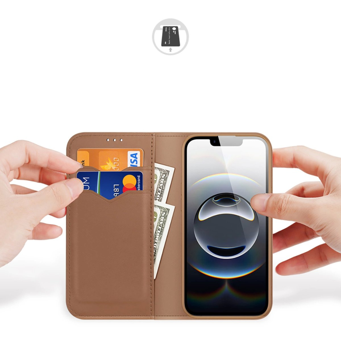 Dux Ducis Hivo dėklas iPhone 16E su atverčiamu dangteliu ir RFID apsauga - rudas 1