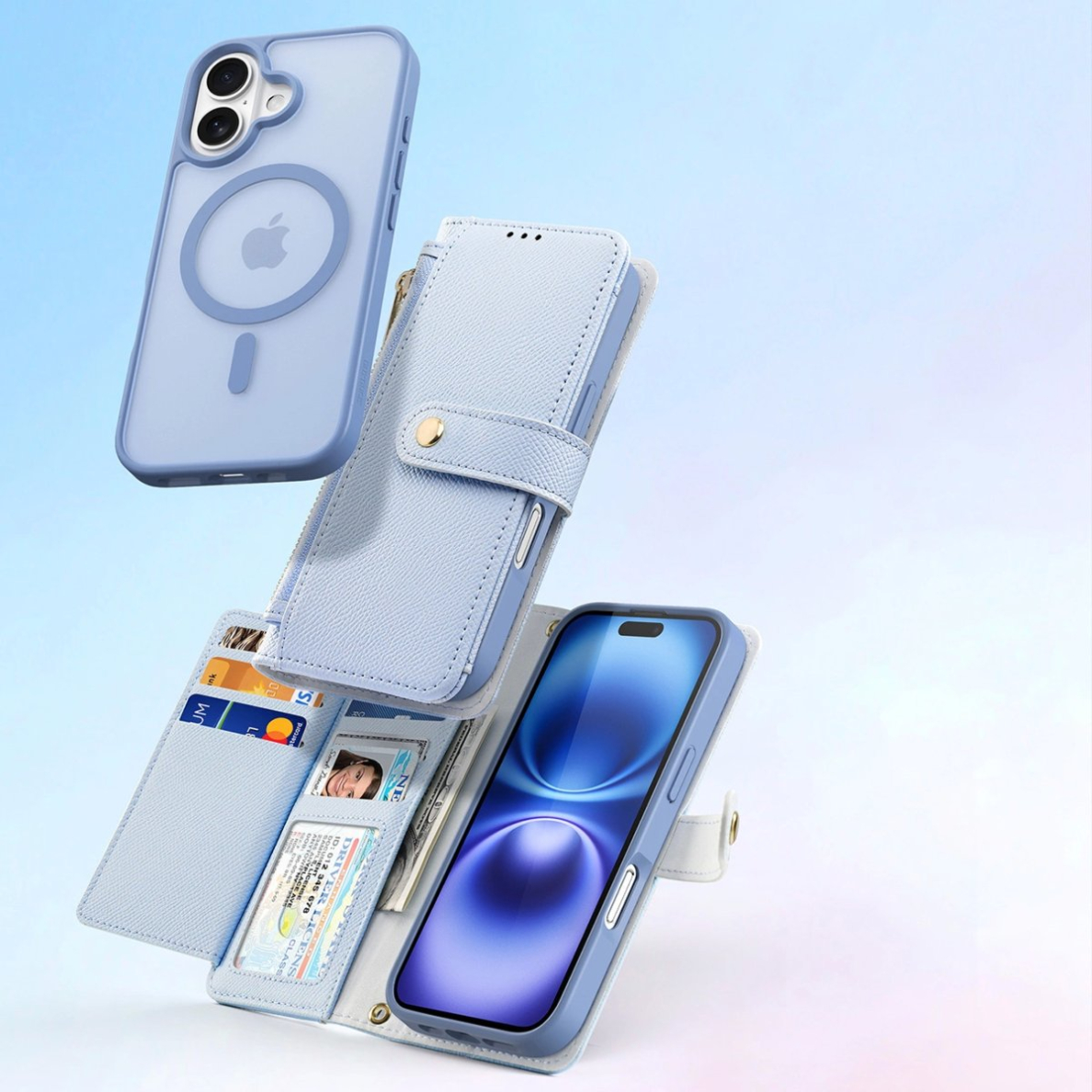 iPhone 16 – Dux Ducis Lawa odinis dėklas su nuimama magnetine pinigine - Mėlynas 3