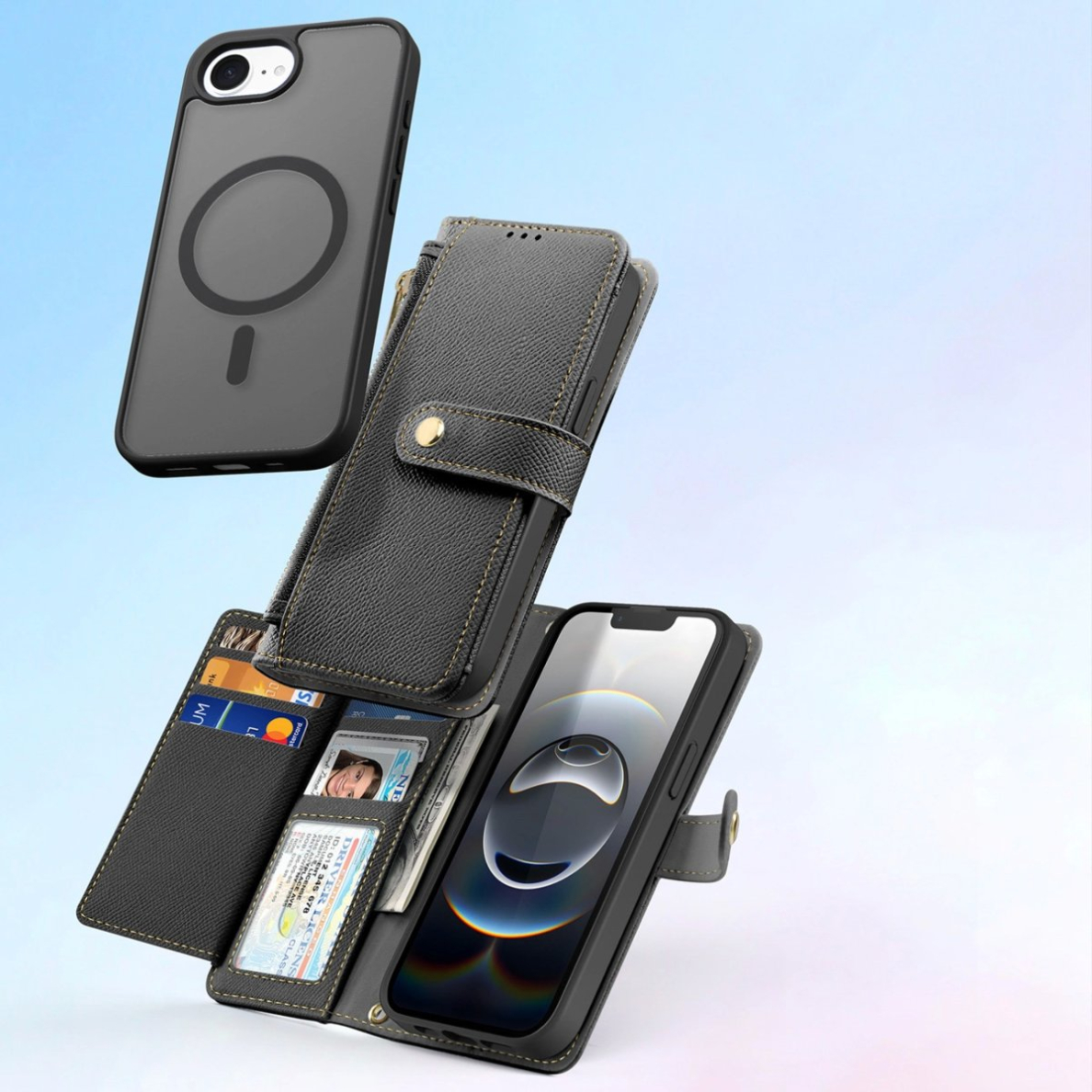 iPhone 16e – Dux Ducis Lawa odinis dėklas su nuimama magnetine pinigine - Juodas 3