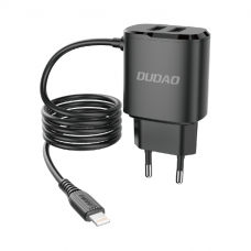 Buitinis įkroviklis Dudao 2x USB wall charger with built-in Lightning 12 W cable juodas
