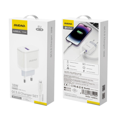 Dudao A20EU USB-A 18W tinklo įkroviklis – baltas + USB-A – Lightning kabelis 4