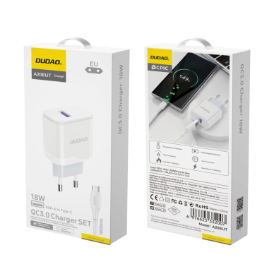 Dudao A20EU USB-A 18W tinklo įkroviklis – baltas + USB-A – USB-C kabelis 4