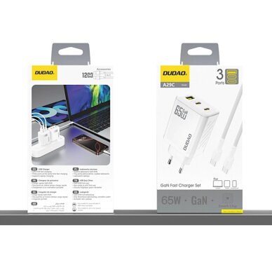 Sieninis įkroviklis Dudao A29C 65 W GaN su USB-C kabeliu – baltas 6 Sieninis įkroviklis Dudao A29C 65 W GaN su USB-C kabeliu – baltas 6