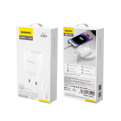 Dudao A4EU USB-A 2.1A sieninis įkroviklis – baltas + USB-A – Lightning kabelis 2