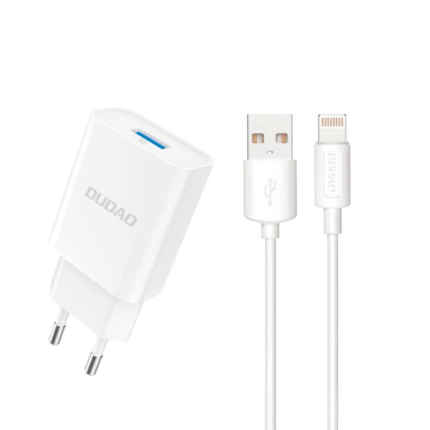 Dudao A4EU USB-A 2.1A sieninis įkroviklis – baltas + USB-A – Lightning kabelis