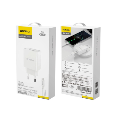 Dudao A4EU USB-A 2.1A sieninis įkroviklis – baltas + USB-A – micro USB kabelis 2