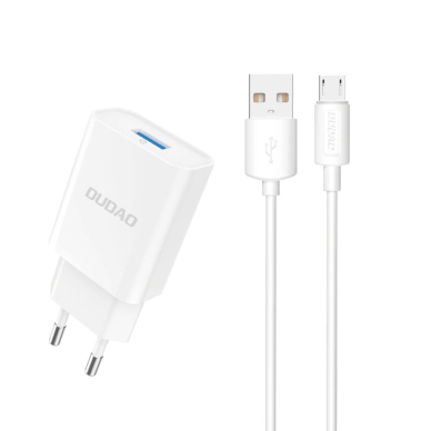 Dudao A4EU USB-A 2.1A sieninis įkroviklis – baltas + USB-A – micro USB kabelis
