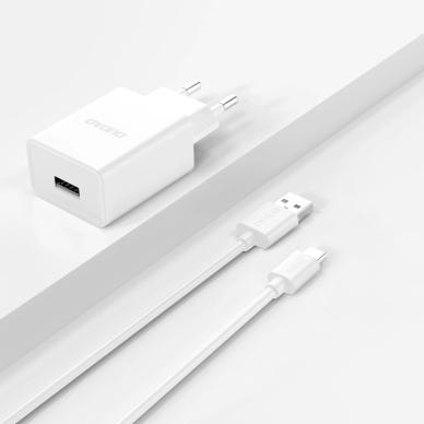 Dudao A4EU USB-A 2.1A sieninis įkroviklis – baltas + USB-A – USB-C kabelis 3