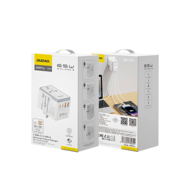 Dudao A65Pro 65W EU / US / JP / AUS / UK travel adapter 2x USB-C 2x USB-A - baltas 3 Dudao A65Pro 65W EU / US / JP / AUS / UK travel adapter 2x USB-C 2x USB-A - baltas 3
