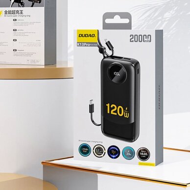 Išorinė baterija Dudao K13 120 W 10000 mAh su integruotu kabeliu – juoda 1