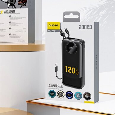 Išorinė baterija Dudao K13Pro 120 W 20000 mAh su integruotu kabeliu – juoda 3