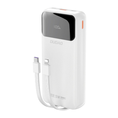 Dudao K15Pro Powerbank 20000mAh 22.5W PD USB-C / USB-A / integruoti Lightning ir USB-C kabeliai – baltas