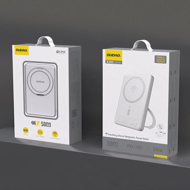 Išorinė baterija Dudao K28 10000 mAh PD 22.5 W MagSafe su metaliniu korpusu ir žiedo stovu – sidabrinė 1