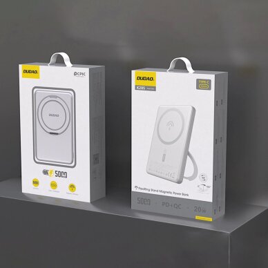 Išorinė baterija Dudao K28S 5000 mAh 20 W PD su MagSafe ir stovu – sidabrinė 1 Išorinė baterija Dudao K28S 5000 mAh 20 W PD su MagSafe ir stovu – sidabrinė 1