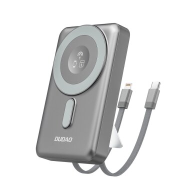 Išorinė baterija Dudao K29 10000 mAh PD 20 W MagSafe su metaliniu korpusu, stovu ir integruotais USB-C / Lightning kabeliais – pilka