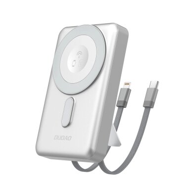 Išorinė baterija Dudao K29 10000 mAh PD 20 W MagSafe su metaliniu korpusu, stovu ir integruotais USB-C / Lightning kabeliais – sidabrinė