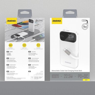 Išorinė baterija Dudao K31 10000 mAh 22.5 W PD su integruotu kabeliu – balta 2