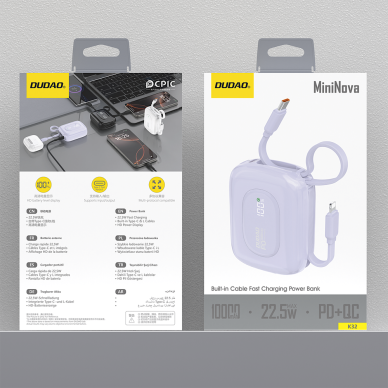 Išorinė baterija Dudao K32 10000 mAh 22.5 W su integruotu USB-C / Lightning kabeliu – violetinė 2