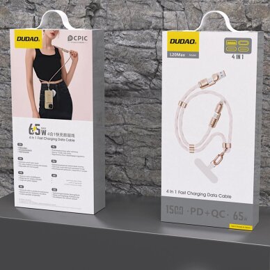 Krovimo kabelis Dudao L20MAX 4in1 / virvelė USB-A / USB-C / Lightning PD QC 65 W 1.5 m – rožinis 2