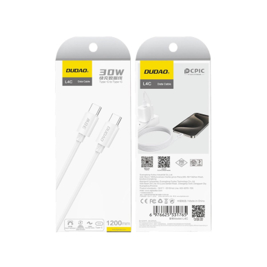 Dudao L4C USB-C / USB-C kabelis 30W 2 m – baltas 1