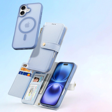 iPhone 16 – Dux Ducis Lawa odinis dėklas su nuimama magnetine pinigine - Mėlynas 3