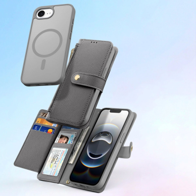 iPhone 16e – Dux Ducis Lawa odinis dėklas su nuimama magnetine pinigine - Pilkas 3
